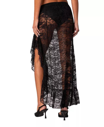 EDIKTED Asymmetric Ruffle Sheer Lace Maxi Skirt
