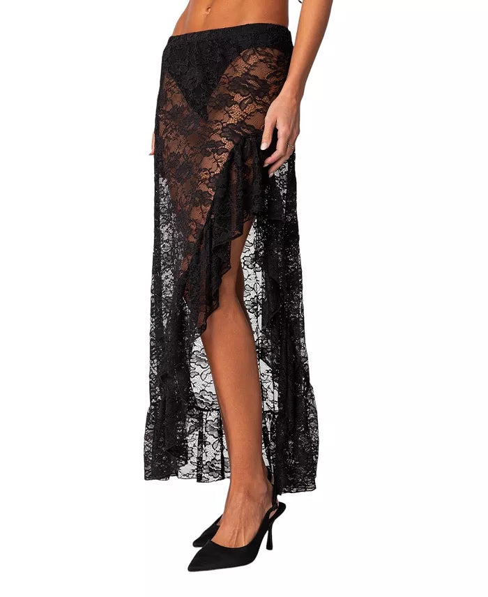 EDIKTED Asymmetric Ruffle Sheer Lace Maxi Skirt