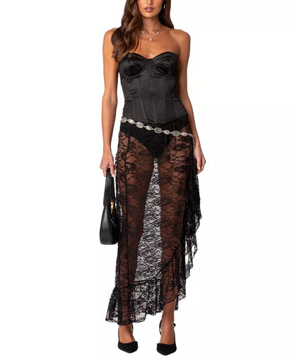 EDIKTED Asymmetric Ruffle Sheer Lace Maxi Skirt
