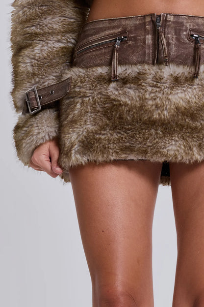 Washed Faux Leather Fur Skirt – Brown