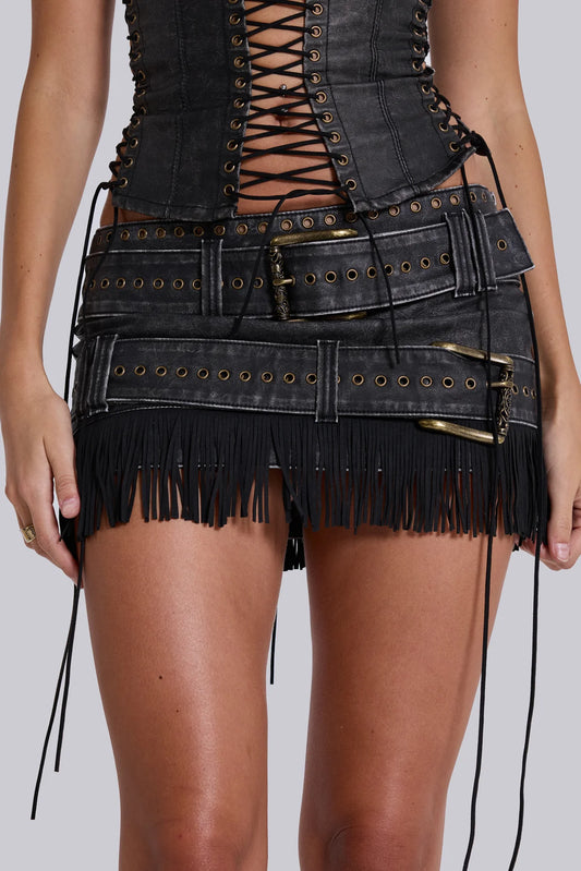 Desert Fringe Mini Skirt – Washed Faux Leather