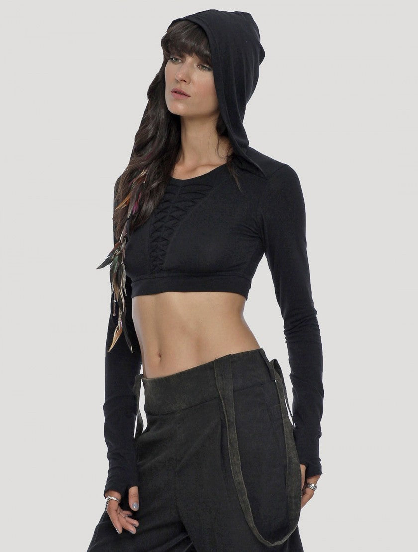 RAFFIA Hoodie Crop Top In Black