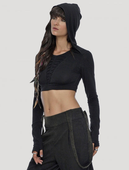 RAFFIA Hoodie Crop Top In Black