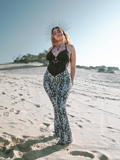 Plus Size - Flare Yoga Pants In Black and White Leopard Print (Thick Lycra Fabric)