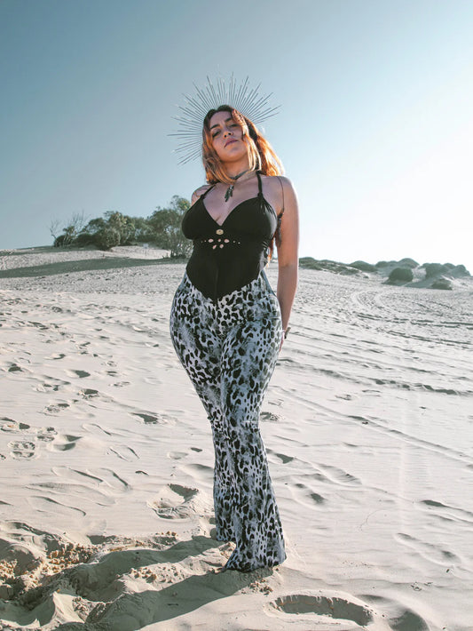 Plus Size - Flare Yoga Pants In Black and White Leopard Print (Thick Lycra Fabric)