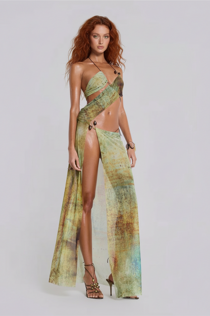 Asymmetric Cut Out Maxi Dress in Lagoon - Green