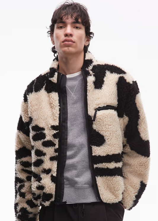 Obey Shaggy Sherpa Jacket In Off White And Black Jacquard
