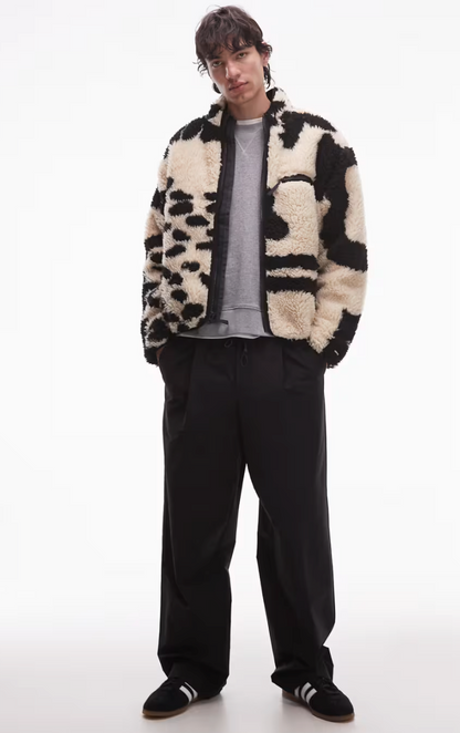 Obey Shaggy Sherpa Jacket In Off White And Black Jacquard
