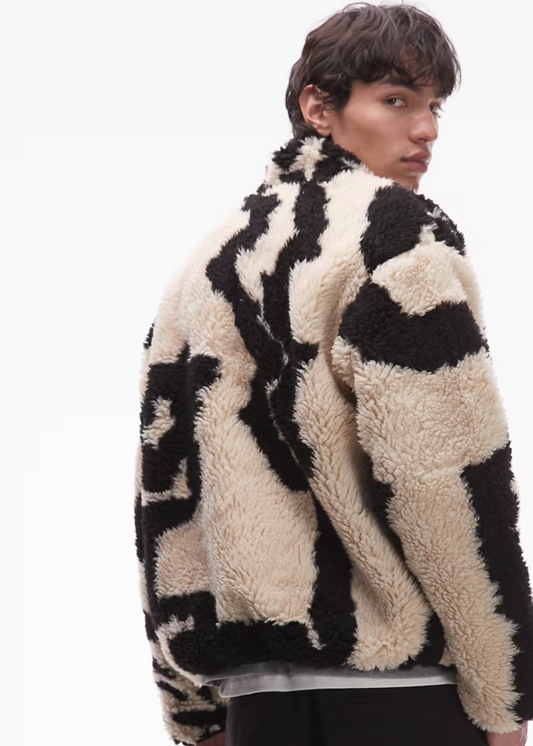 Obey Shaggy Sherpa Jacket In Off White And Black Jacquard