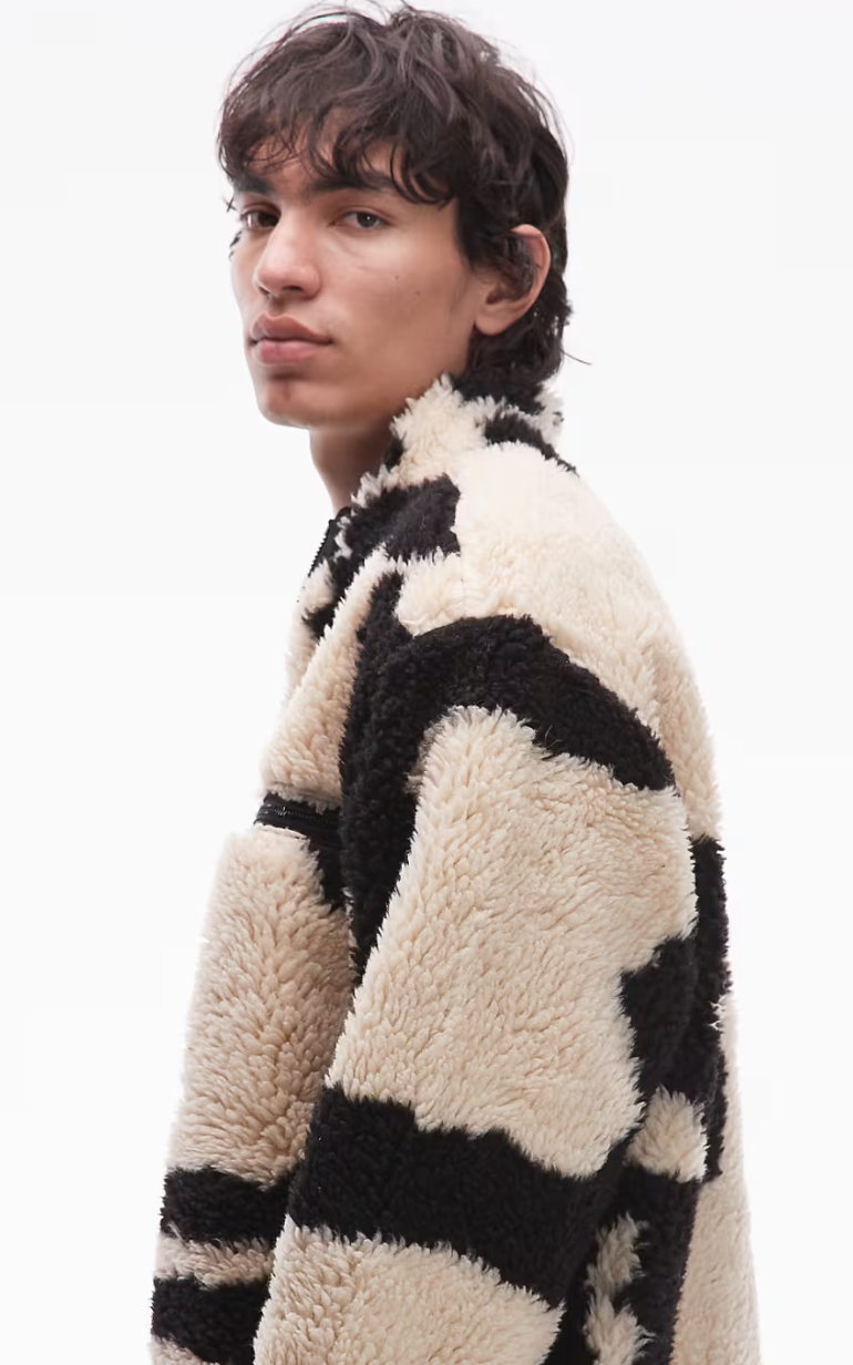 Obey Shaggy Sherpa Jacket In Off White And Black Jacquard
