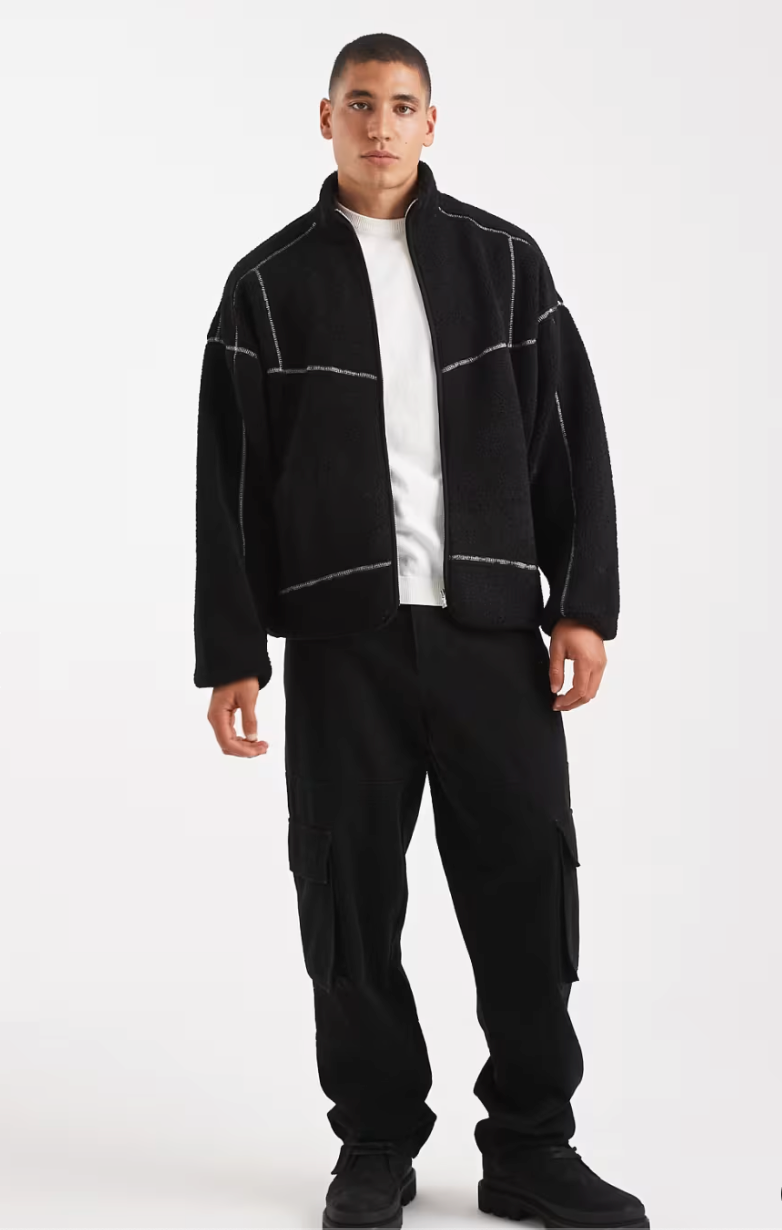 ONLY & SONS Full Zip High Neck Contrast Stitch Fleece In Black