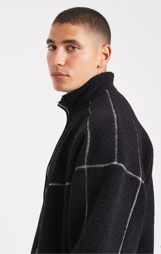 ONLY & SONS Full Zip High Neck Contrast Stitch Fleece In Black