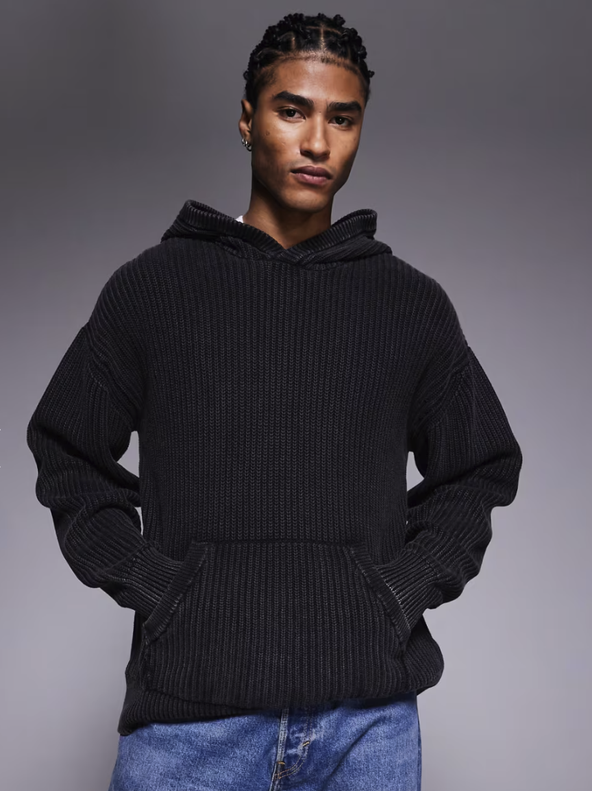 Good For Nothing Oversized Knitted Pullover Hoodie In Black