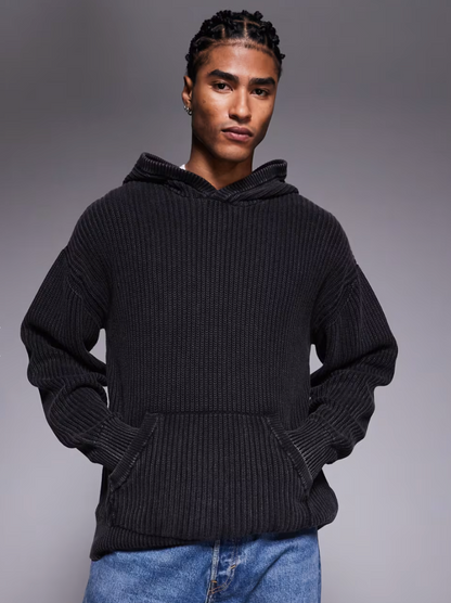 Good For Nothing Oversized Knitted Pullover Hoodie In Black