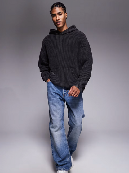 Good For Nothing Oversized Knitted Pullover Hoodie In Black