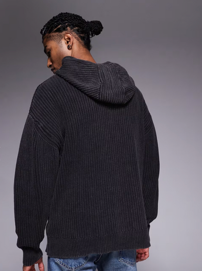 Good For Nothing Oversized Knitted Pullover Hoodie In Black