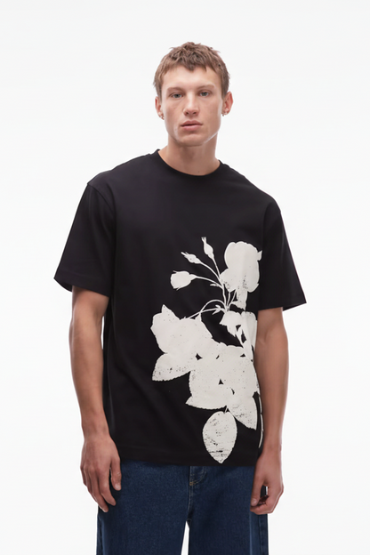 Relaxed Fit T-Shirt With Mono Floral Print In Black