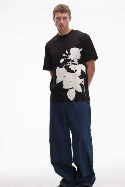 Relaxed Fit T-Shirt With Mono Floral Print In Black