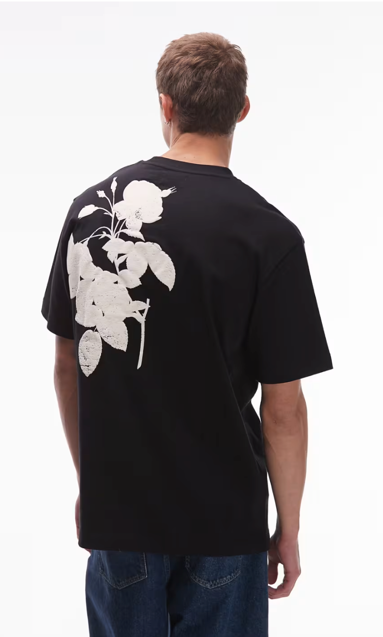 Relaxed Fit T-Shirt With Mono Floral Print In Black