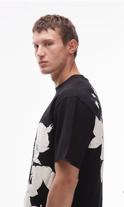 Relaxed Fit T-Shirt With Mono Floral Print In Black
