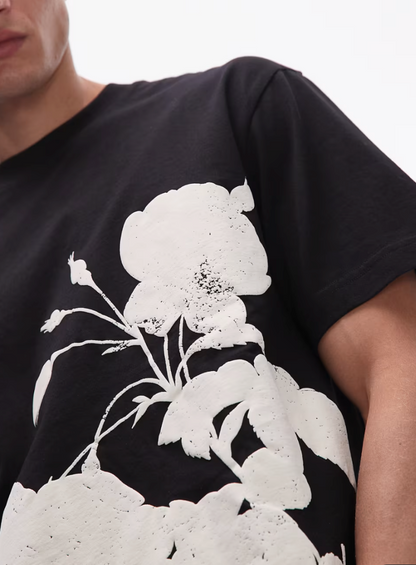 Relaxed Fit T-Shirt With Mono Floral Print In Black
