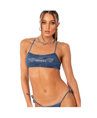 EDIKTED Denim Look “Angel” Bikini Set – Rhinestone Wings