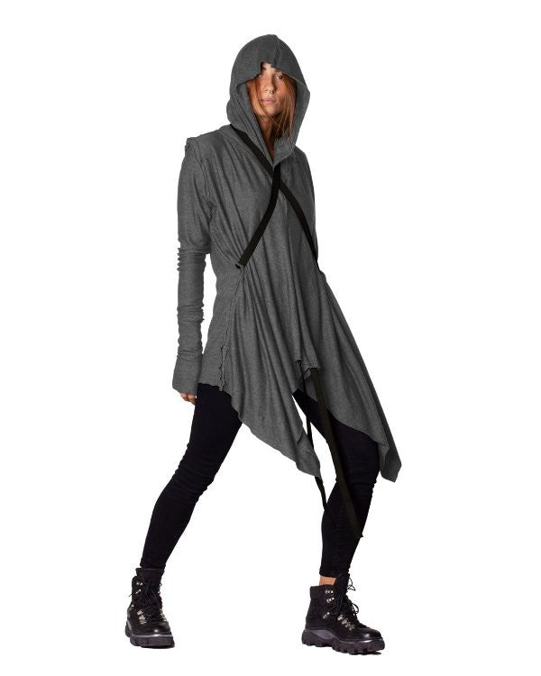 CRIME Long Sleeve Hooded Duster Cardigan In Grey