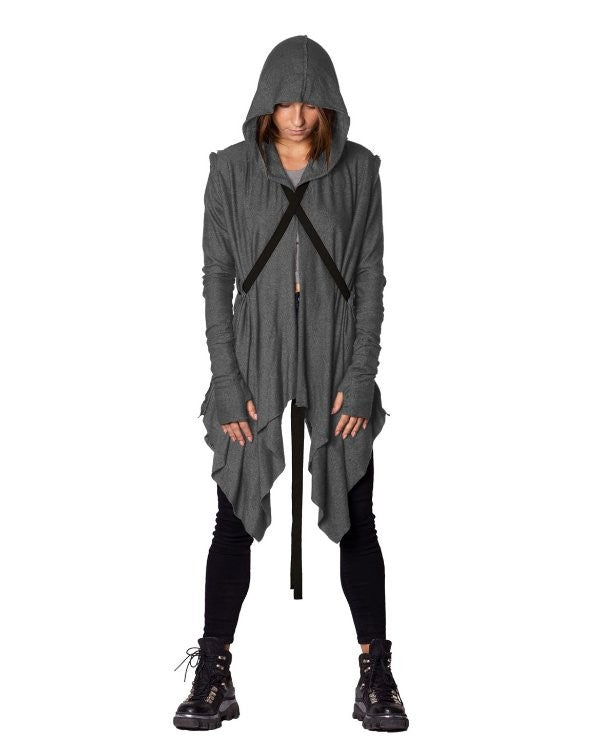 CRIME Long Sleeve Hooded Duster Cardigan In Grey