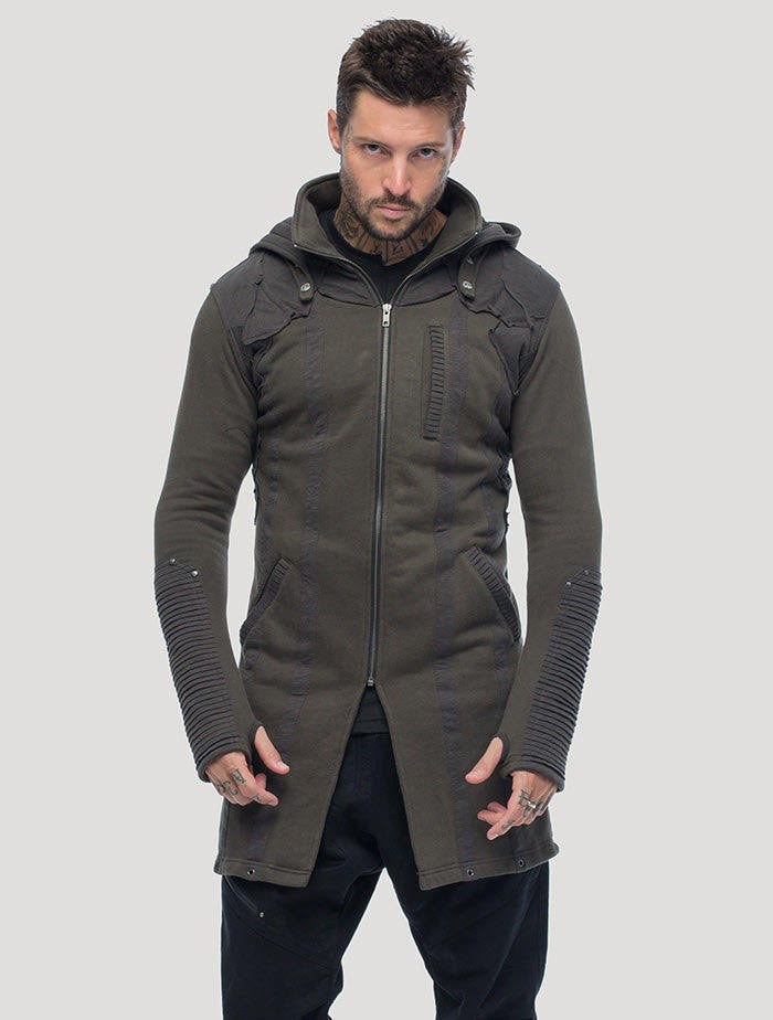 OKESA Hood Long Coat In Olive