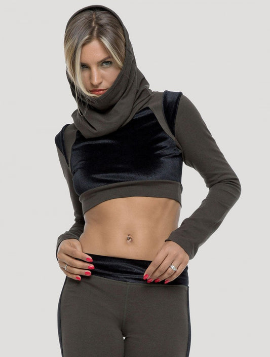 NALA Long Sleeves Crop Top In Olive-Black Velevt