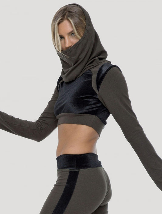NALA Long Sleeves Crop Top In Olive-Black Velevt
