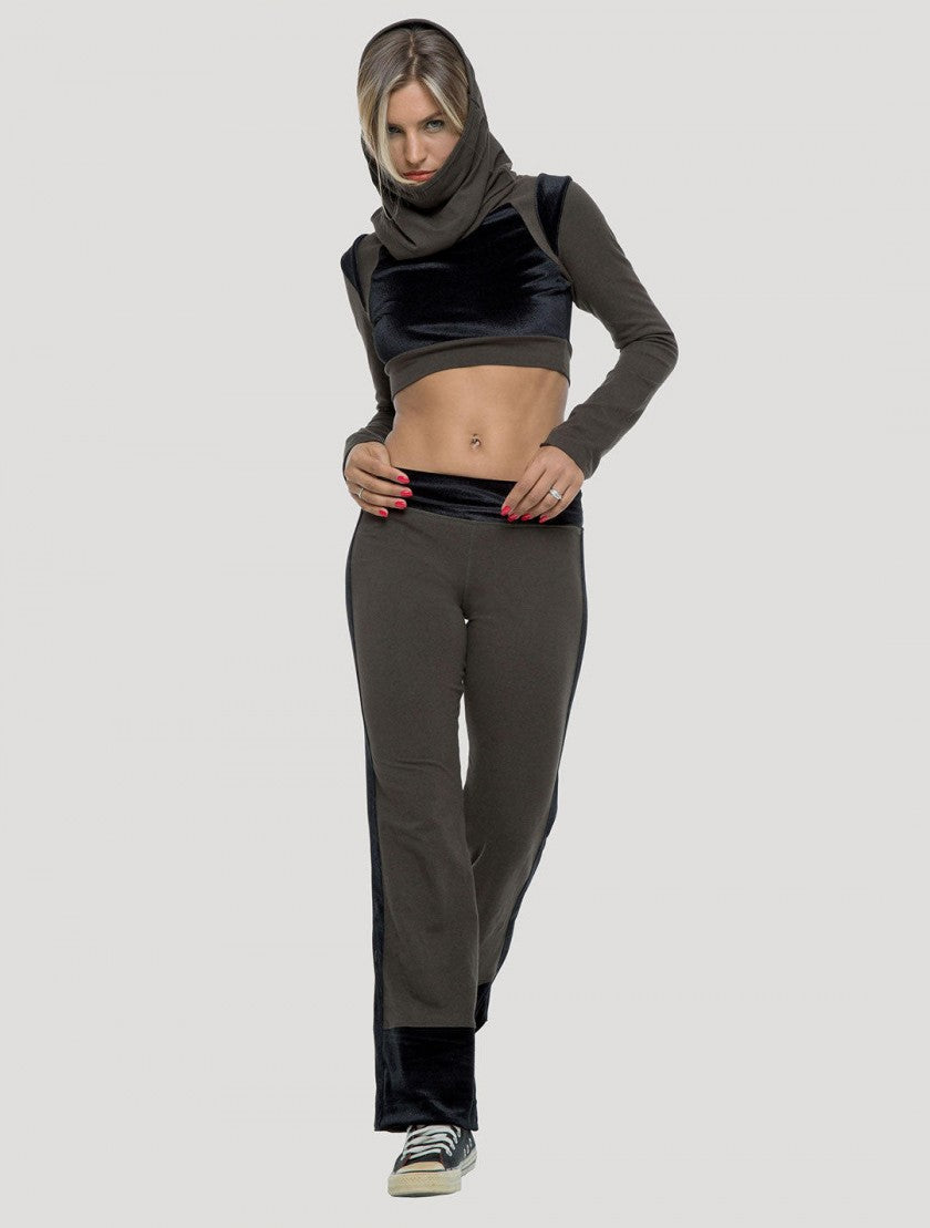NALA Long Sleeves Crop Top In Olive-Black Velevt