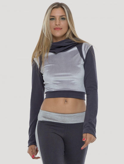 NALA Long Sleeves Crop Top In Aegean Blue/Silver Velet
