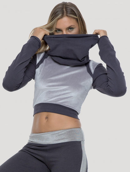 NALA Long Sleeves Crop Top In Aegean Blue/Silver Velet