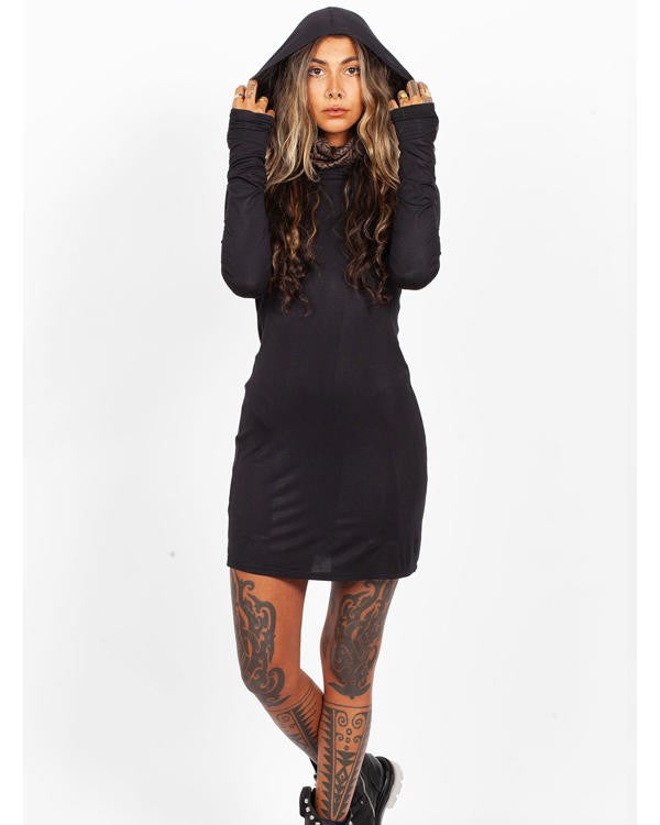 ASAGAO Long Hooded Sleeve Mini Dress in Black