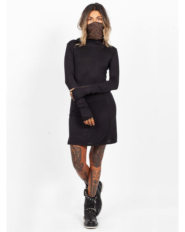 ASAGAO Long Hooded Sleeve Mini Dress in Black