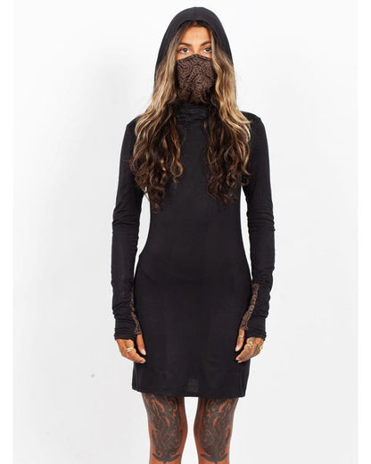 ASAGAO Long Hooded Sleeve Mini Dress in Black