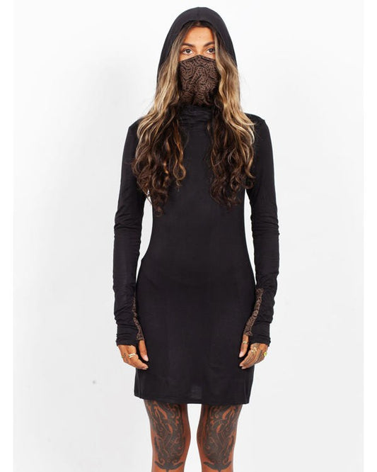 ASAGAO Long Hooded Sleeve Mini Dress in Black