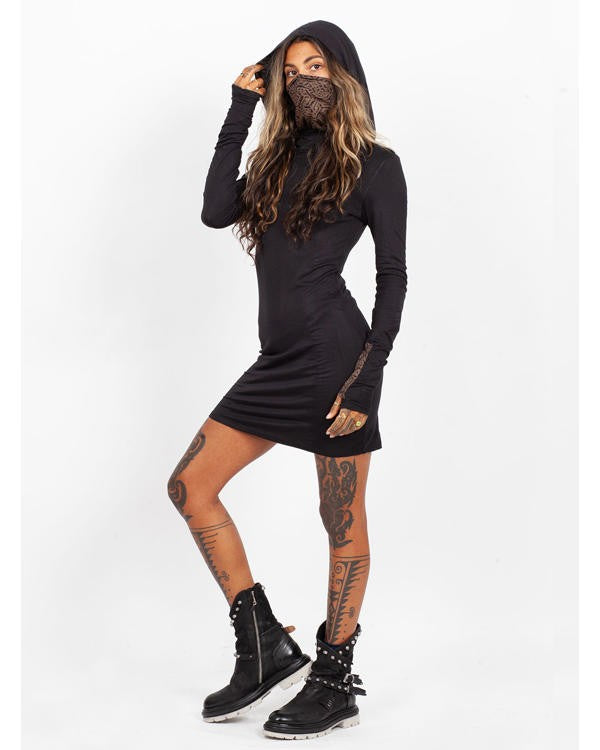 ASAGAO Long Hooded Sleeve Mini Dress in Black