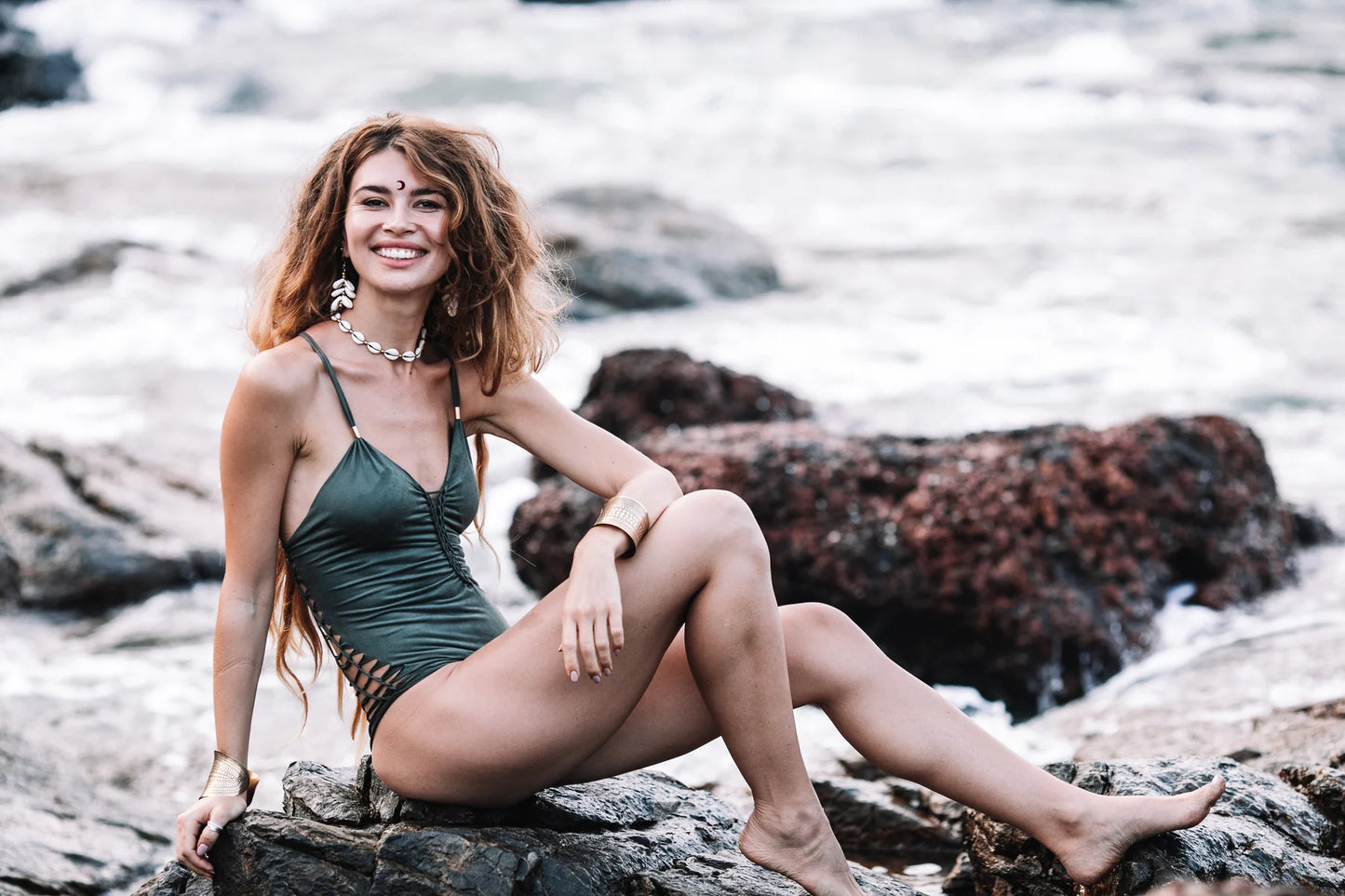 DORIN Suede Look Olive Green One Piece Swimsuit