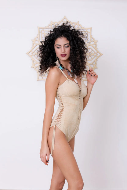 DELI Suede Look Light Beige One-Piece Swimsuit