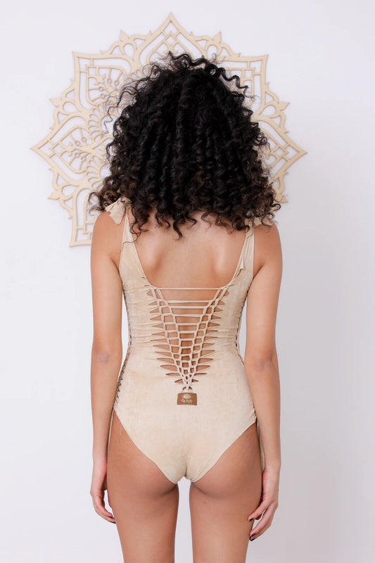 DELI Suede Look Light Beige One-Piece Swimsuit