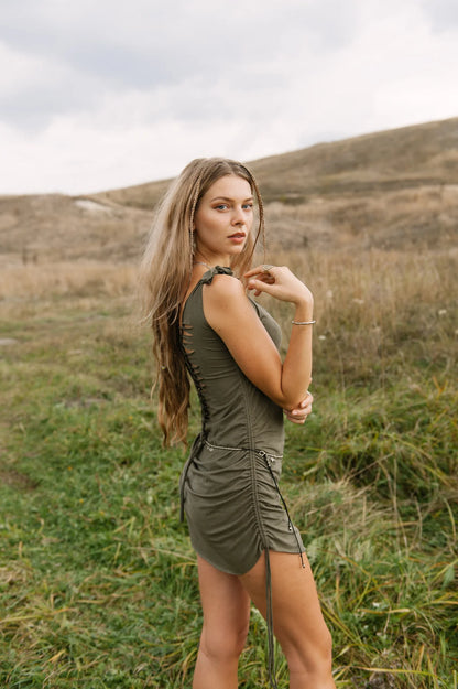 Suede Olive Green Mini Boho Dress