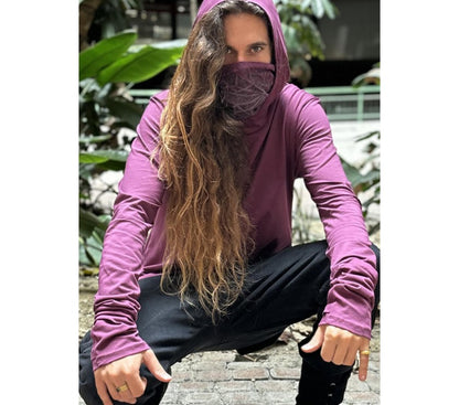 KUSARY Long Sleeve Hooded Shirt In Burgandy