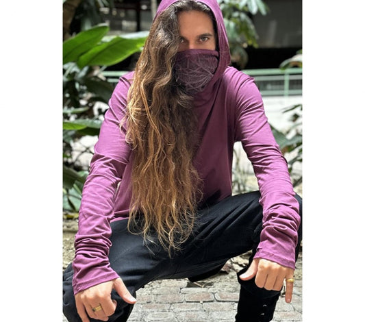 KUSARY Long Sleeve Hooded Shirt In Burgandy
