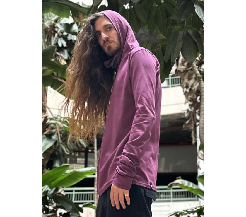 KUSARY Long Sleeve Hooded Shirt In Burgandy