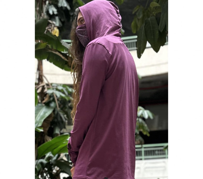 KUSARY Long Sleeve Hooded Shirt In Burgandy
