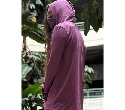 KUSARY Long Sleeve Hooded Shirt In Burgandy