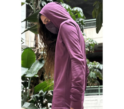 KUSARY Long Sleeve Hooded Shirt In Burgandy