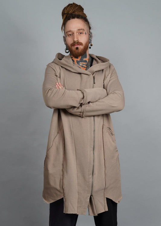 CUTSY UNISEX Hooded Long Jacket In Stone